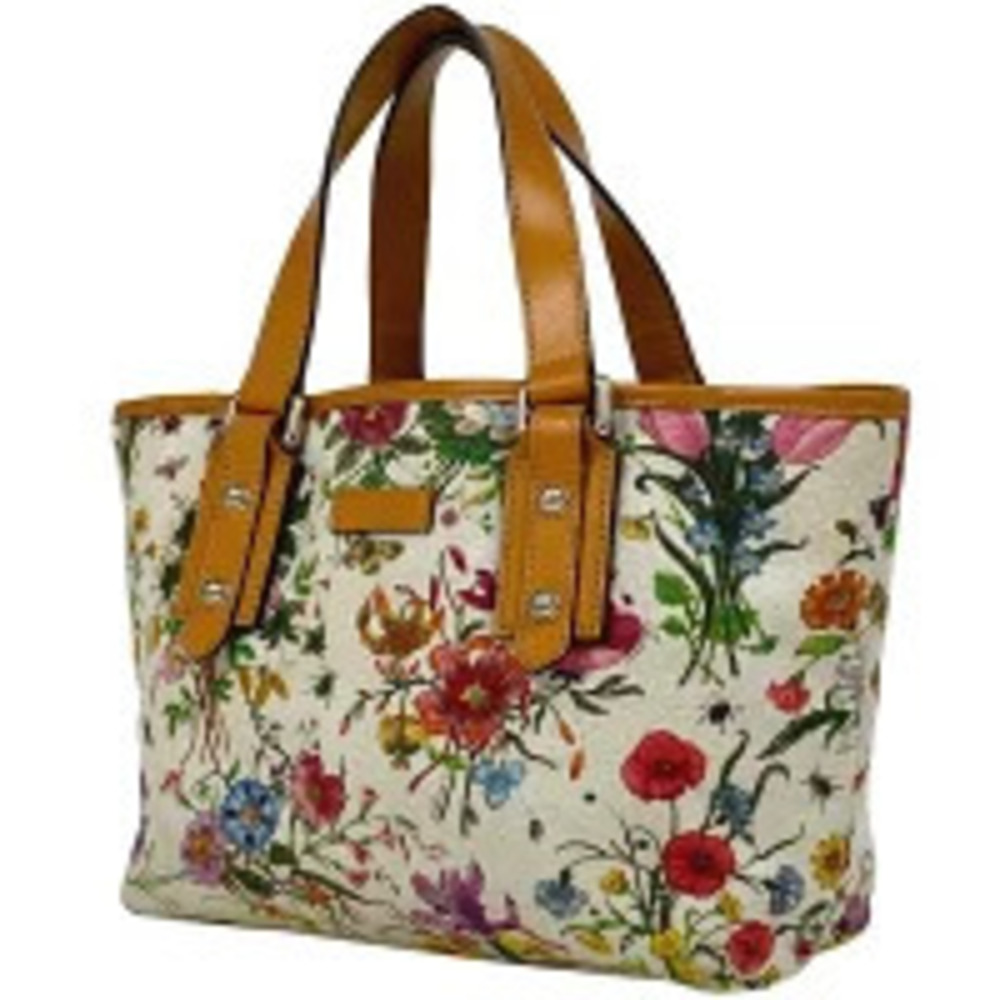 Gucci Flora Flower Tote Bag Handbag Floral Canvas White Multicolor